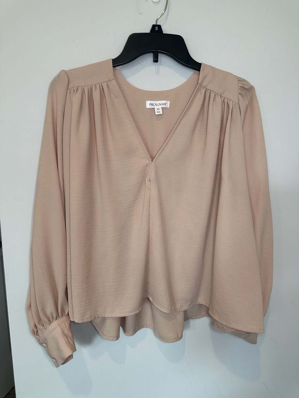 Prologue V-Neck Blouse Size OVERSIZED XS Pink Long Sleeve Ruched Pleated Top